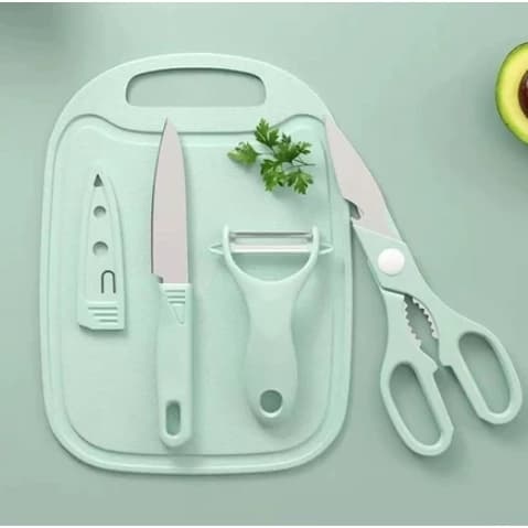 Kit Conjunto 4 Peças Utensílios Cozinha Sortida Faca Tesoura Descascador Tábua Corte Inox Prático