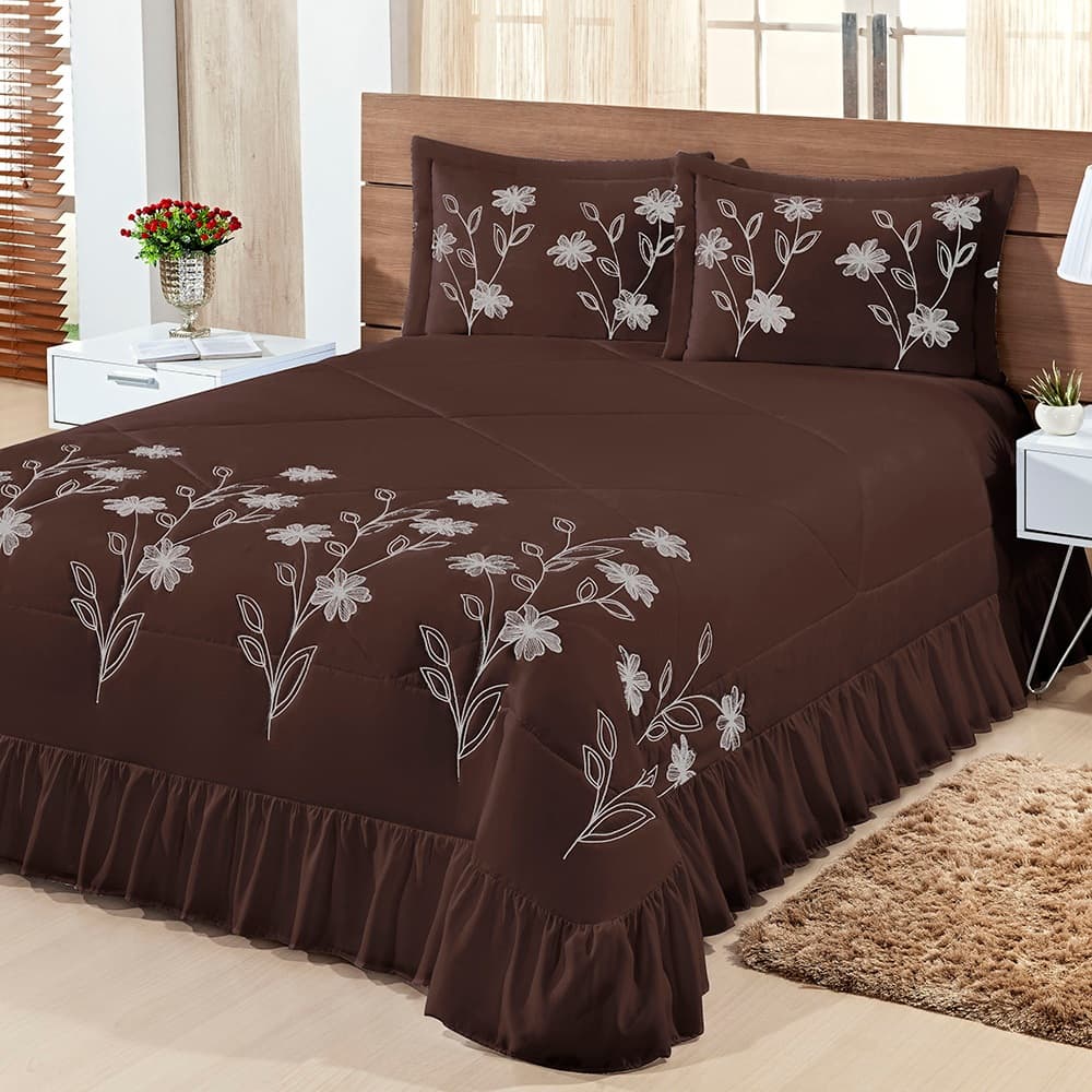 Cobre Leito Lirio  Casal Bordado 3 Peças 100% Poliester