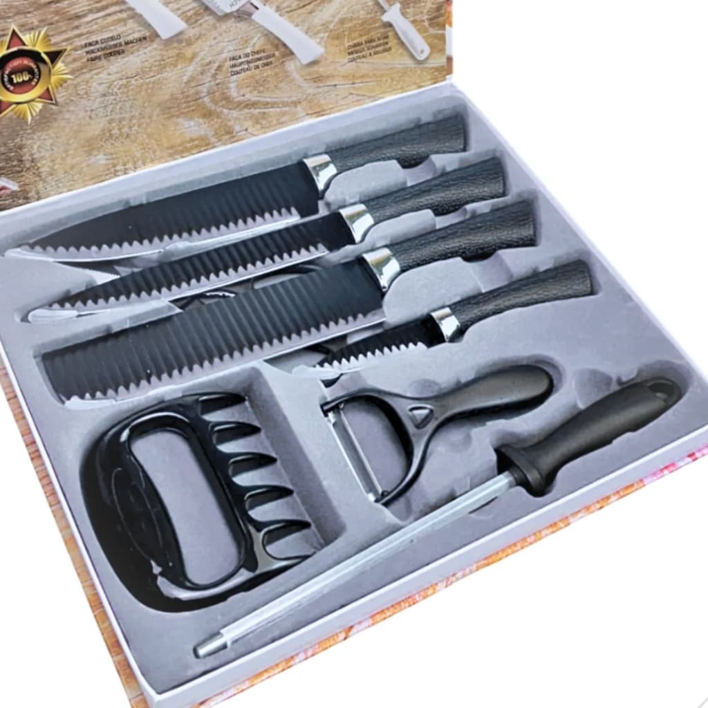 Kit Churrasco Faqueiro Preto 8 Peças Inox com Afiador Tesoura e Garra Cozinha Profissional