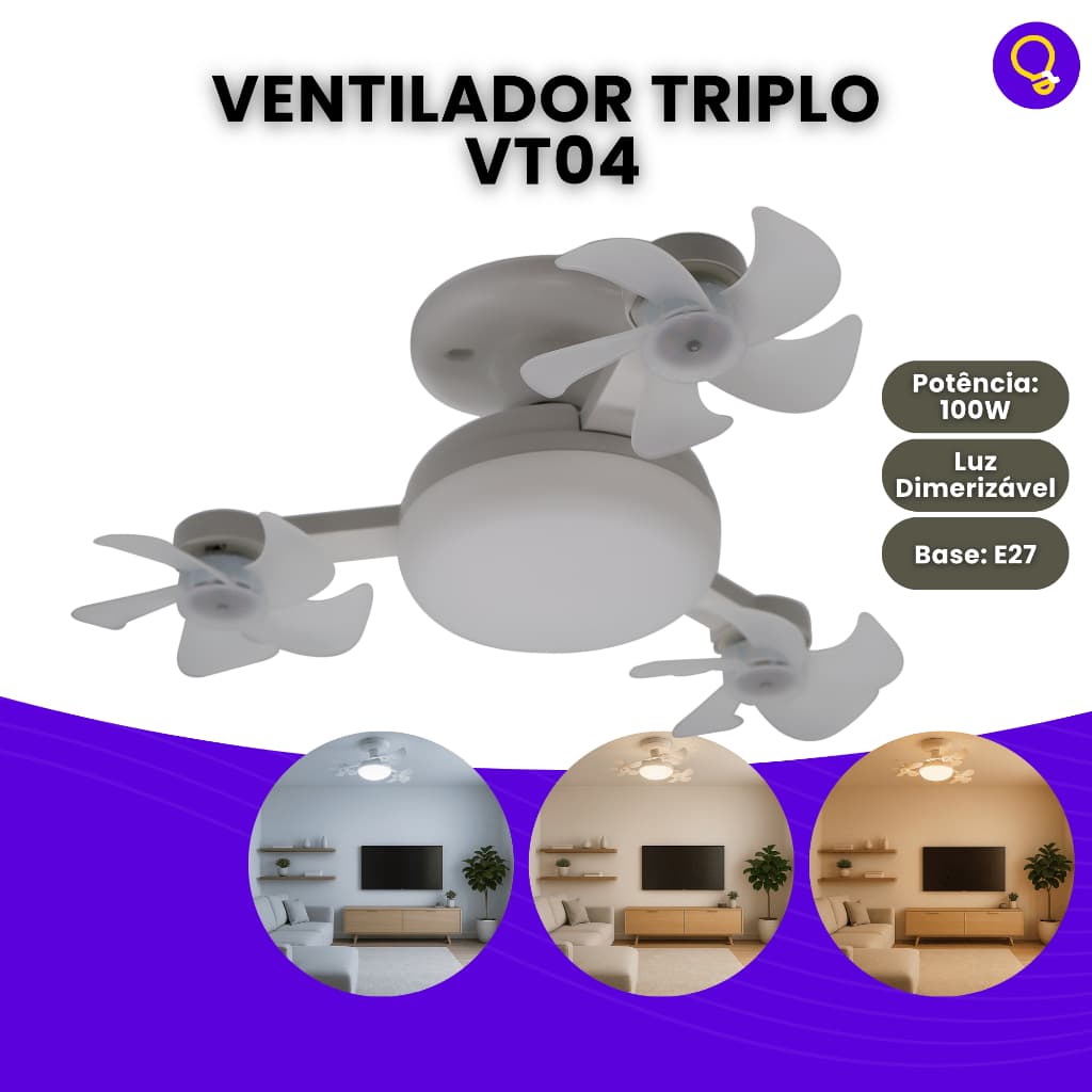 Ventilador de Teto Triplo 3 Cores de Luz C/ Lâmpada Led VT04 Brilho Ajustável Silencioso