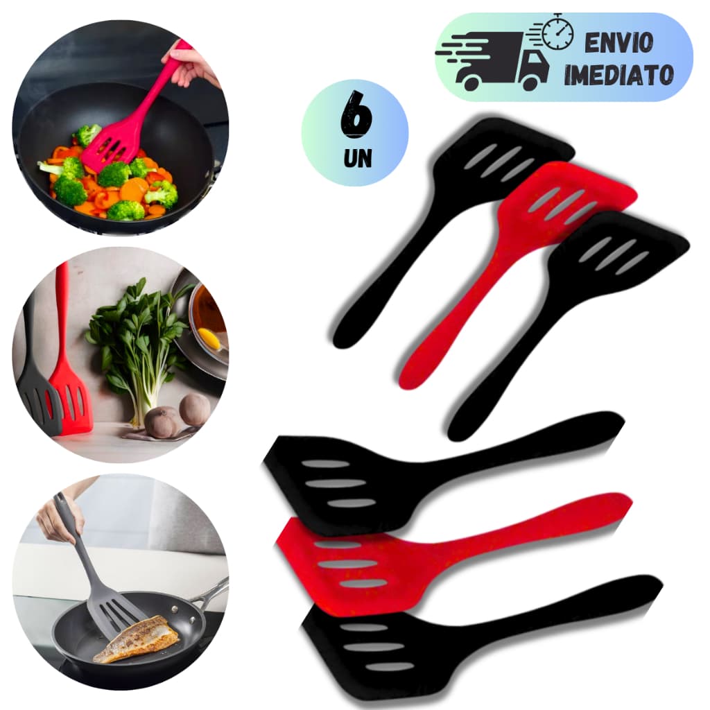 KIT 6 ESPATULA VAZADA DE SILICONE UTENSILIO CULINARIO COZINHA USO GERAL PARA FRITURA GRELHA