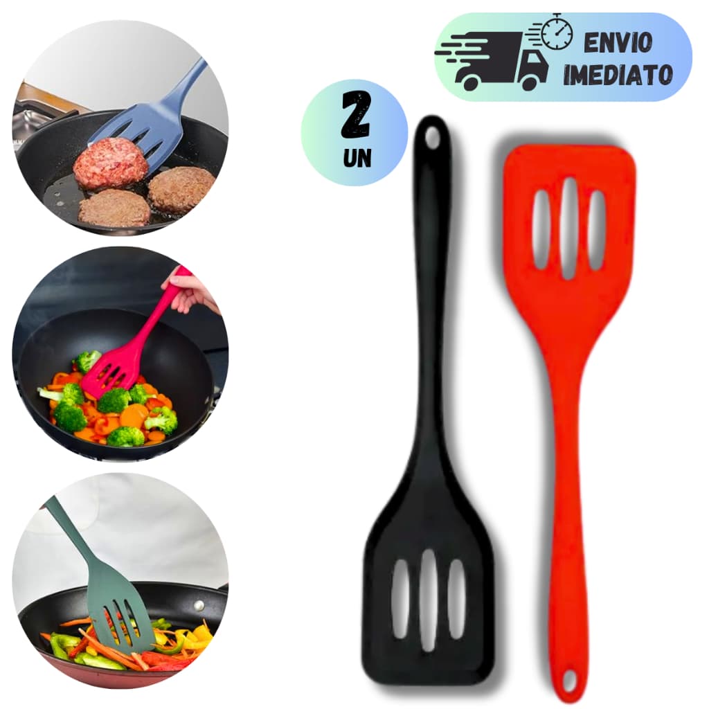 KIT 2 ESPATULA SILICONE MULTIUSO VAZADA CHAPEIRO CULINARIA DE COZINHA RESISTENCIA ALTA TEMPERATURA