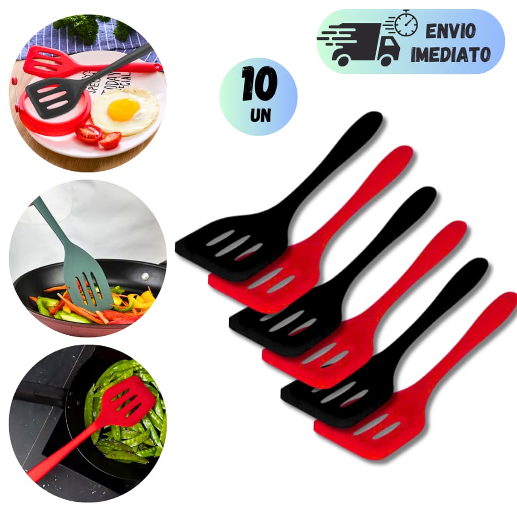 KIT 10 ESPATULA DE SILICONE VAZADA PARA COZINHA UTENSILIO CULINARIO USO GERAL UNIVERSAL CHAPA GRELHA