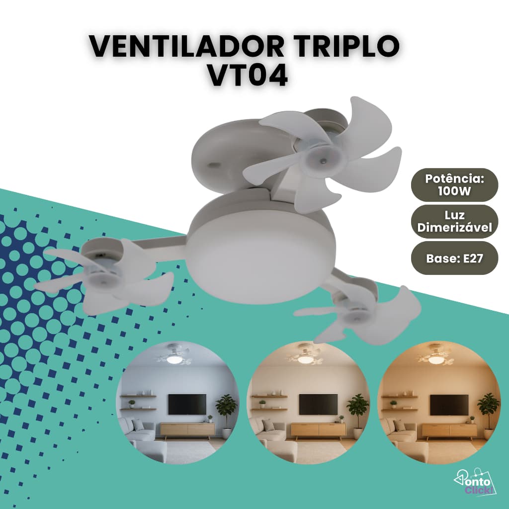 Ventilador de Teto Triplo C/ Lâmpada Led Brilho Ajustável Silencioso 3 Cores de Luz Moderno VT04