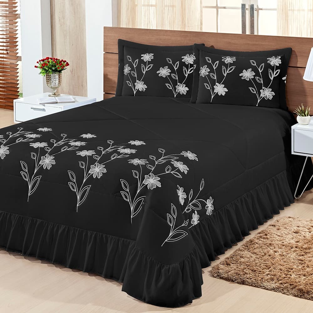 Cobre Leito Lirio Super King Bordado 3 Peças 100% Poliester
