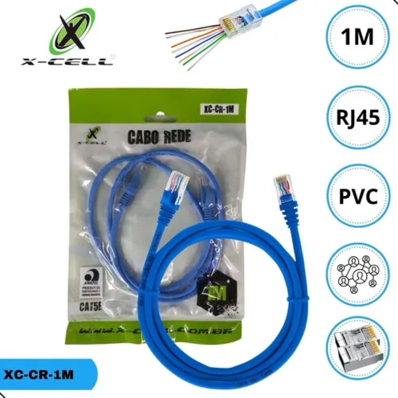 Cabo de Rede Ethernet 1 Metro Azul RJ45 Cat5e Patch Cord Conexão Rápida