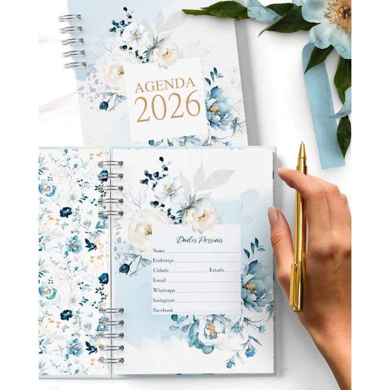 Agenda 2026 Garden Azul 💙 A5 | 1 Dia por Página | Datada ou Permanente | Com ou Sem Versículo | Elástico e Porta Doc.