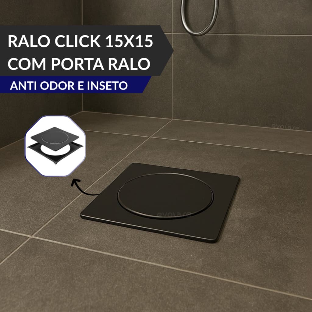 Ralo Click Up Inteligente 15x15 com Porta Ralo - Preto em Aço Inox