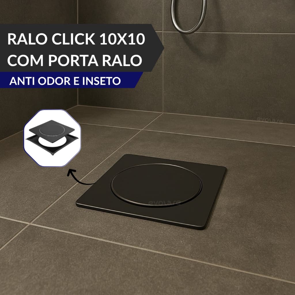 Ralo Click Up Inteligente 10x10 com Porta Ralo Preto em Aço Inox