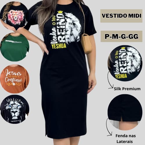 1 ou 2 Vestidos Midi Feminino 100% Algodão Premium Gola Redonda com Fenda