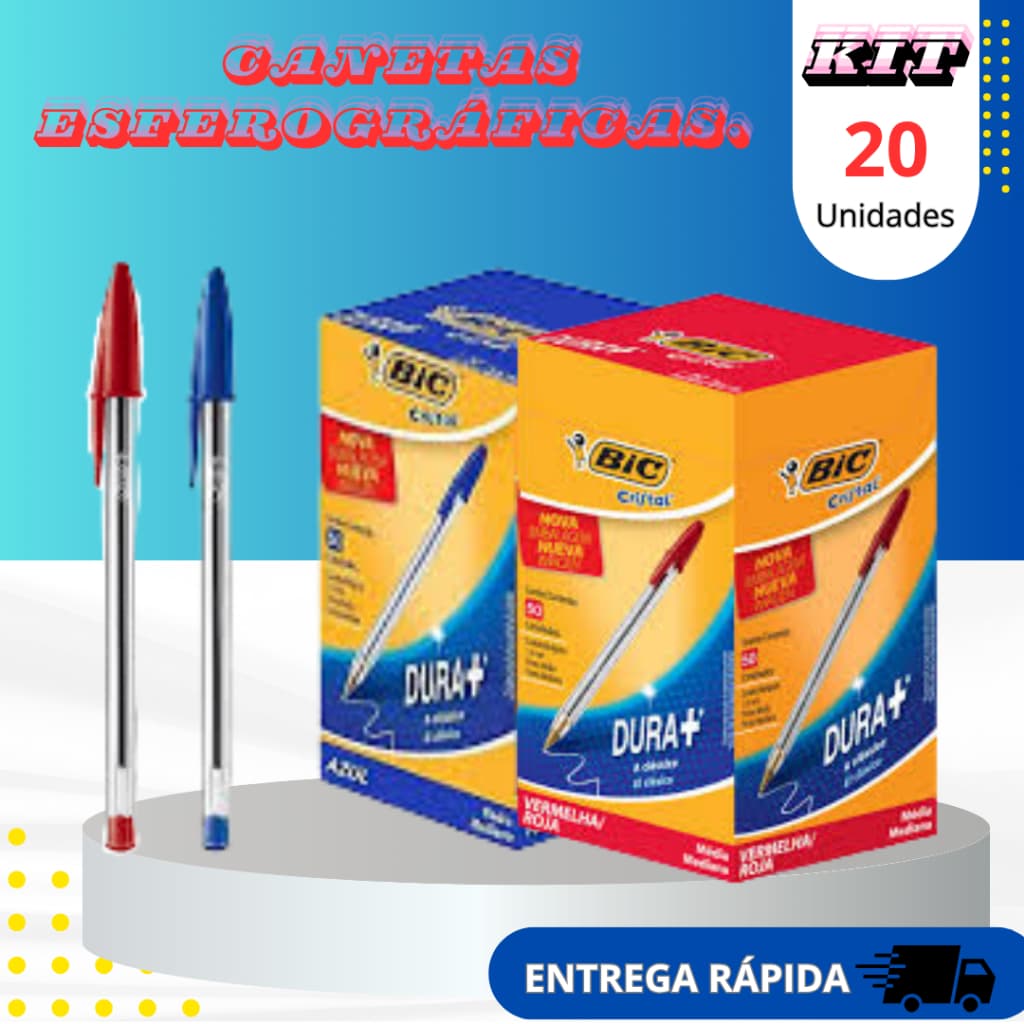 KIT 20 Canetas Bic Cristal Esferográficas 0.1mm Ponta Média Cores Azul e Vermelha Original