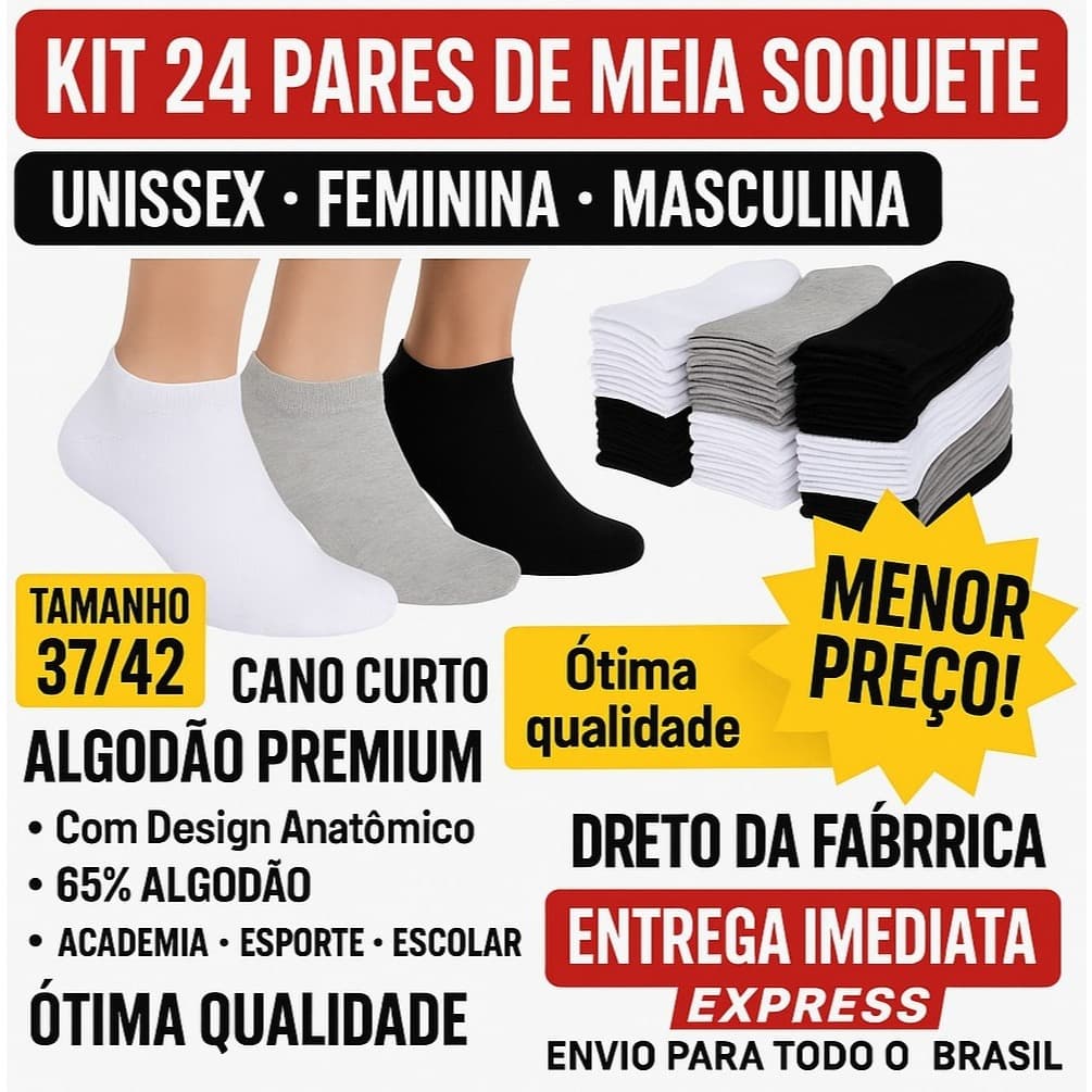 Kit 12 Pares Meias Soquete Cano Curto Unissex Masculina Feminina Algodão Invisível Sapatilha Academia