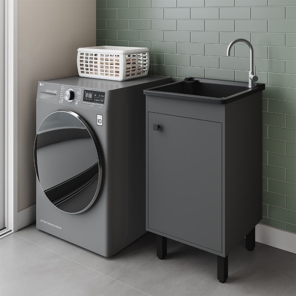 Tanque Para Lavar Roupa Lavanderia Área de Serviço 26L Com Gabinete Armário 46cm Chumbo ou Preto