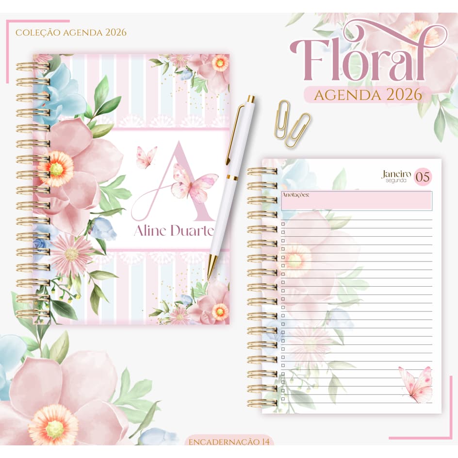 Coleção Flores 🌸 | Agenda + Caneca Personalizada | Datada ou Permanente | 1 Dia por Página | Elástico e Porta Documentos