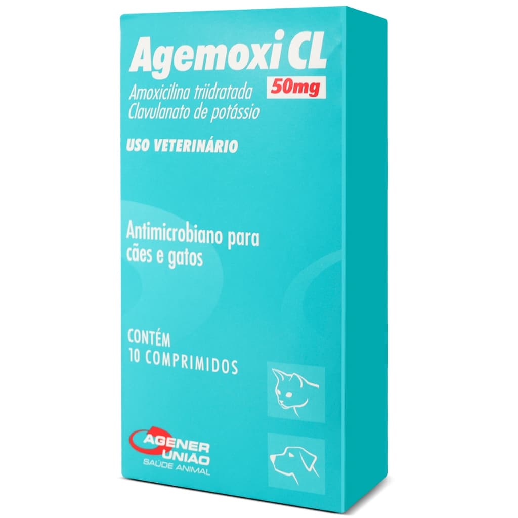 Agemoxi CL 50mg Antimicrobiano oral para cães e gatos ação contra infecções bacterianas sensíveis