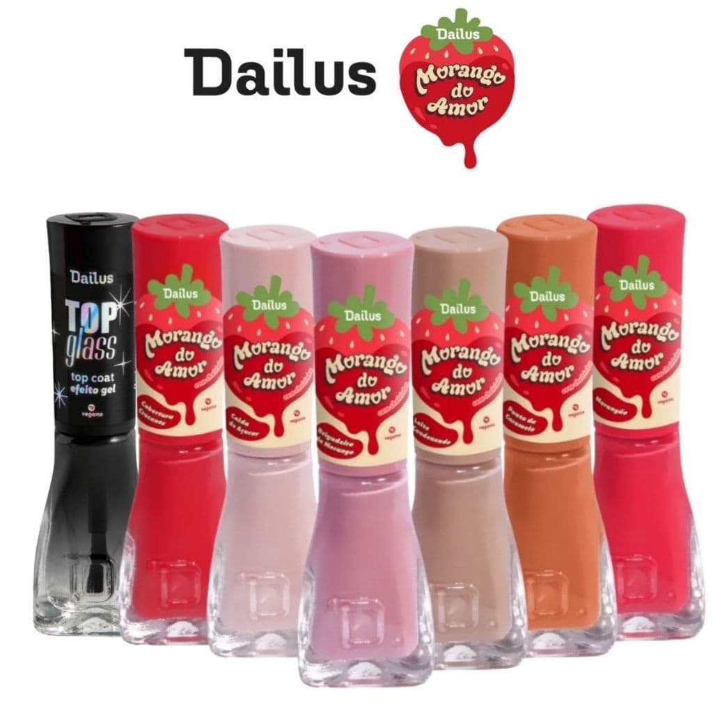 Esmalte Dailus Nova Coleção Morango do amor  e Top Coat Top Glass Efeito Gel - Escolha Seu Kit ou apenas o Top Coat