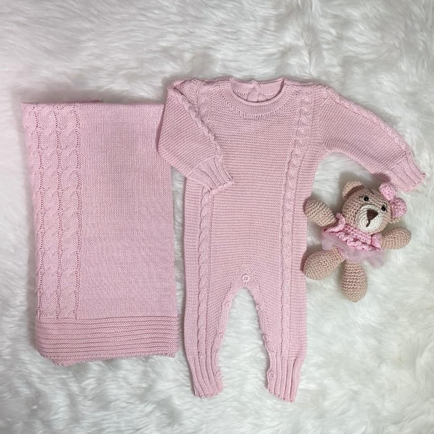 Saída Maternidade Tranças Macacão Botões e Manta Tricot Menina Menino Infantil Baby Kit 2 pçs