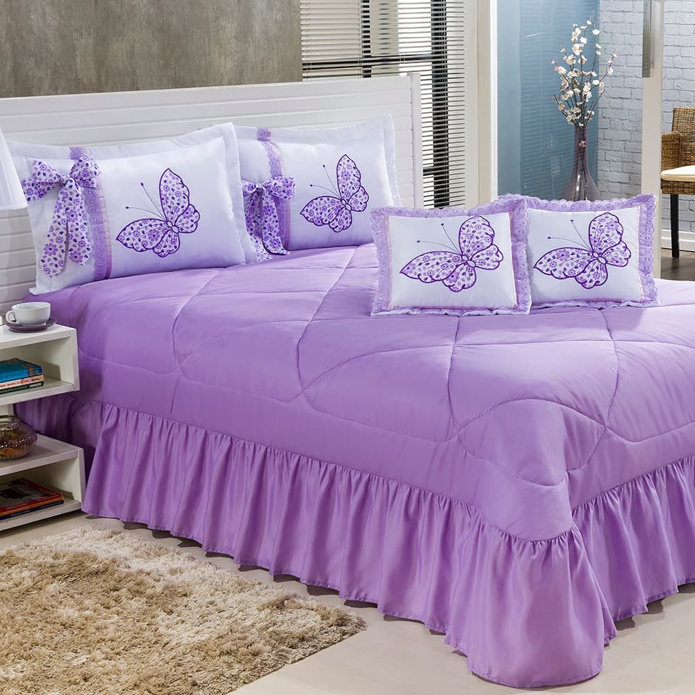 Cobre Leito Matelado Borboleta  Casal 7 Pecas 100% Poliester