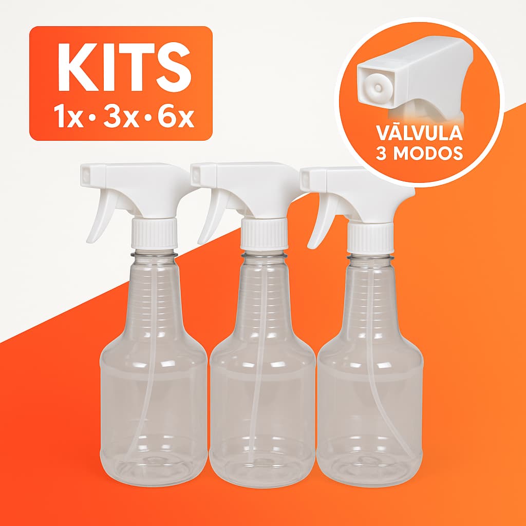 KITs Borrifadores Pulverizador Spray 500ml Bico Ajustável Jato Névoa Multiuso Plástico Transparente