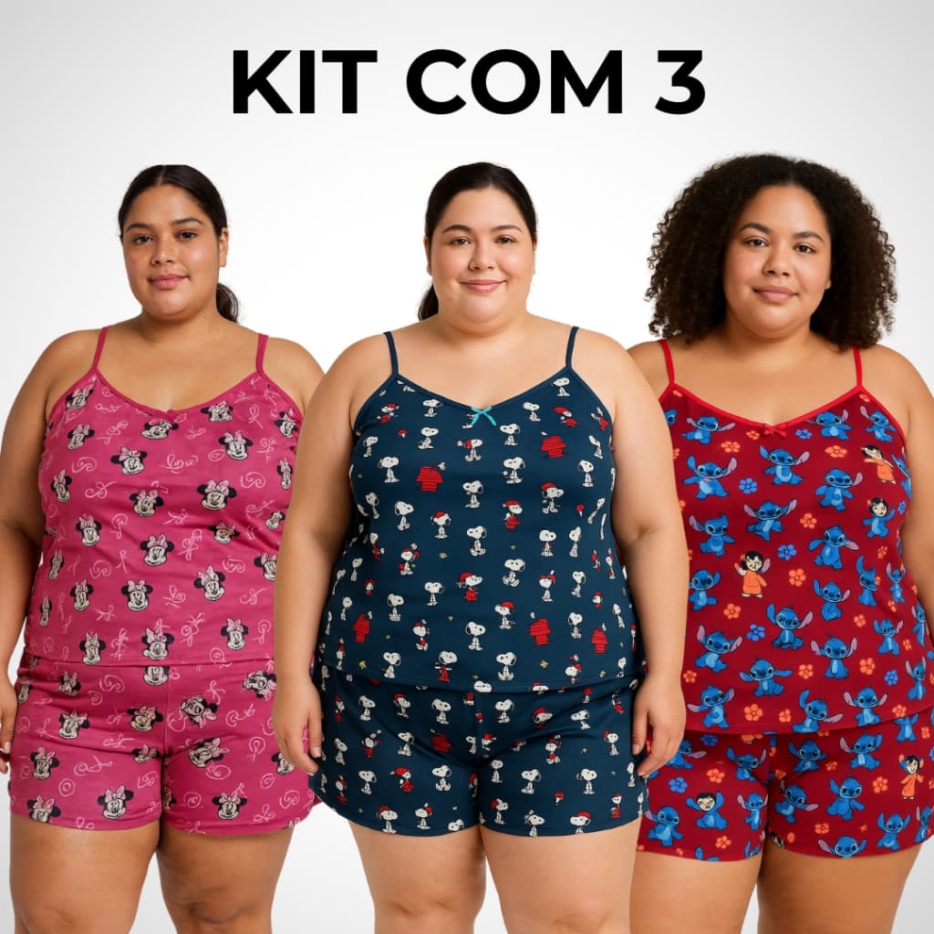 Pijama De Dormir Plus Size Feminino Kit 03 Short e Regata de Alcinha Malha Estampada Confortável