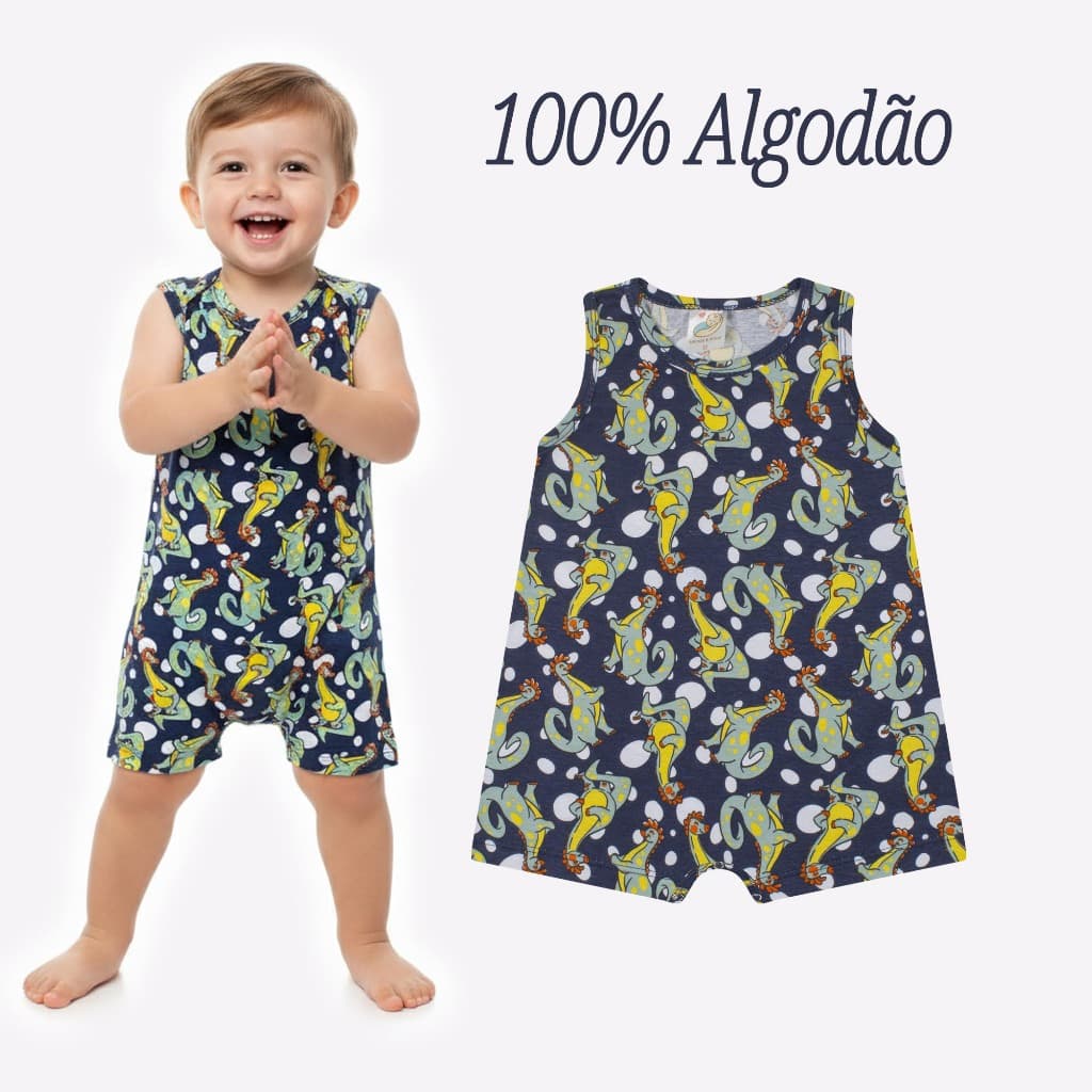 Romper Regata Marinho Dino Infantil Macaquinho Curto Menino Verão 100%Algodão AVULSO P/M/G/GG/1ANO