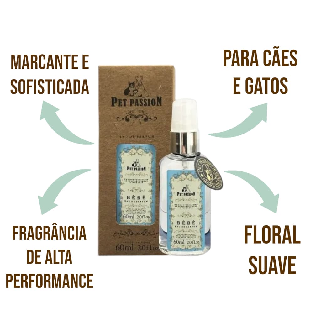 Perfume Bébé Pet Passion 60ml Para Cães e Gatos Banho e tosa Perfume pet de alta fixação importado