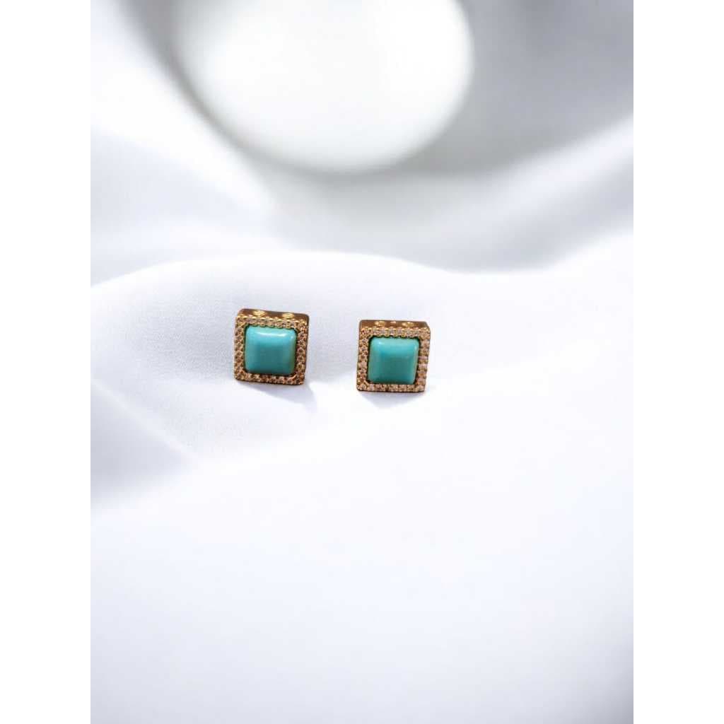 Brinco Formato Quadrado Boho Pedra Turquesa Cravejado com Zircônias Luxo Elegância Moda Feminina