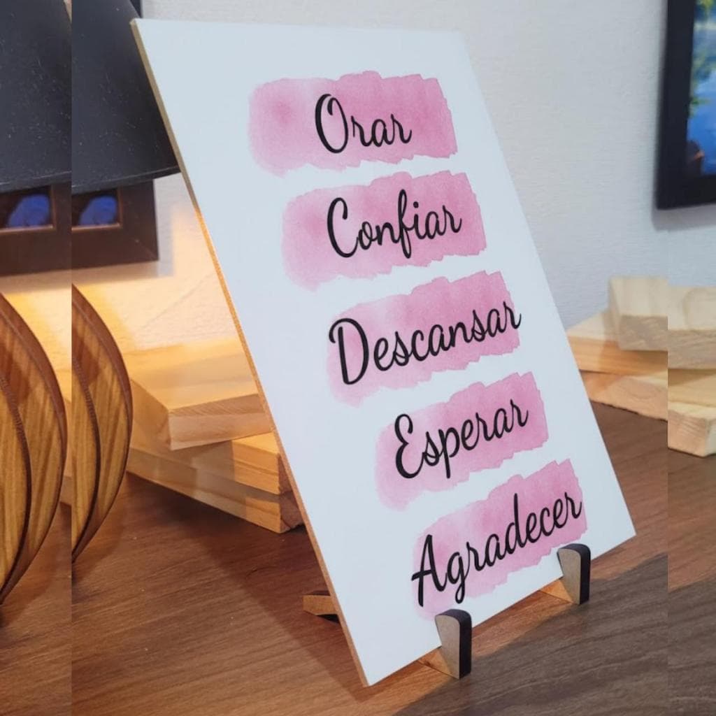 Quadro de Mesa Orar Confiar Agradecer Esperar Descansar Decoração Sala com Suporte
