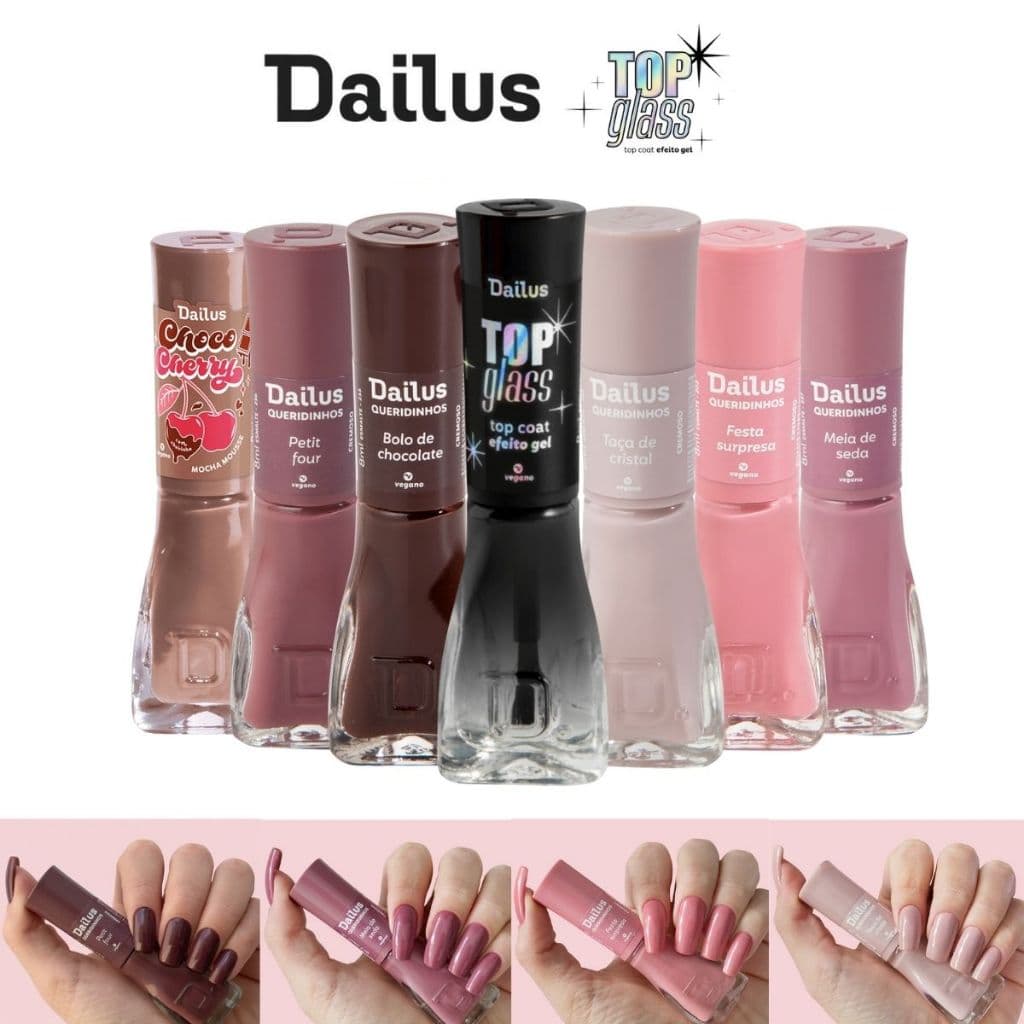 Esmalte Dailus Kit 6 Esmaltes Tons Nude + Top Coat Efeito Gel Top Glass