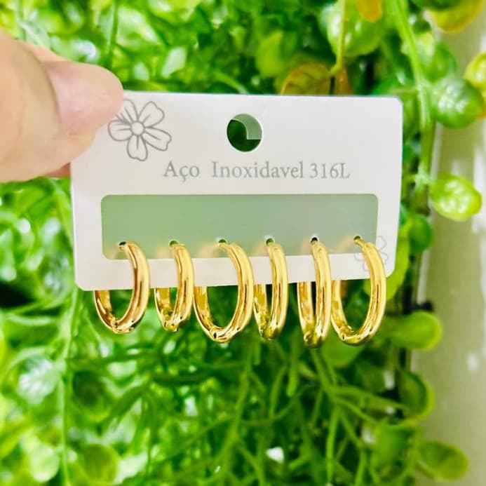 Trio Brinco Argola Argolinha Clique Lisa OU Cravejada Aço Inox DOURADO PRATA Barato (Menor)