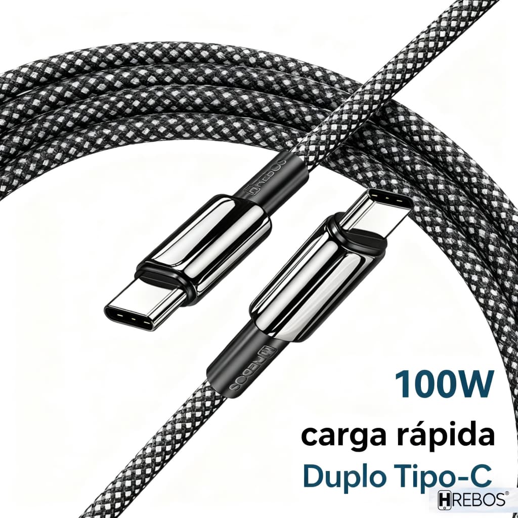 Cabo Carregador Turbo Black Braid HREBOS Duplo Tipo-C 100W Pd 1 Metro Preto CB-357C