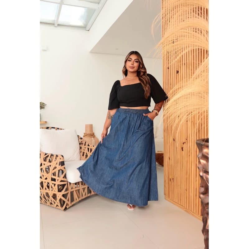 Saia Jeans Molinho Longa Pluz Size Elástico na Cintura e Bolsos Laterais