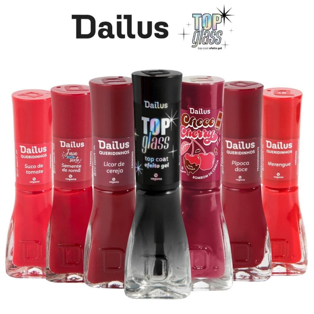 Esmalte Dailus Kit 6 Esmaltes Vermelho + Top Coat efeito Gel Top Glass - Secagem Rapida
