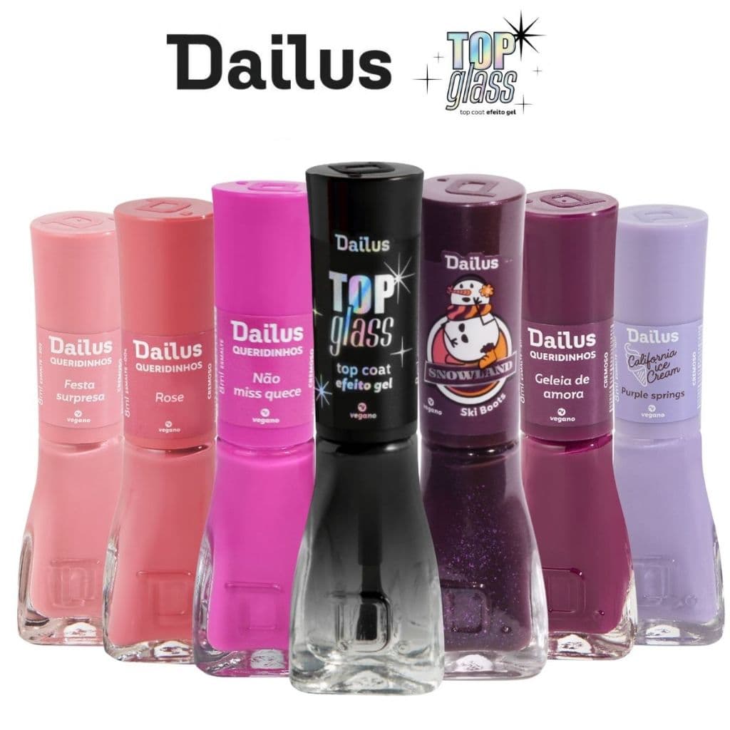 Esmalte Dailus Kit 6 Esmaltes Lilas, Rosa e Roxo + Top Coat Gel Top Glass