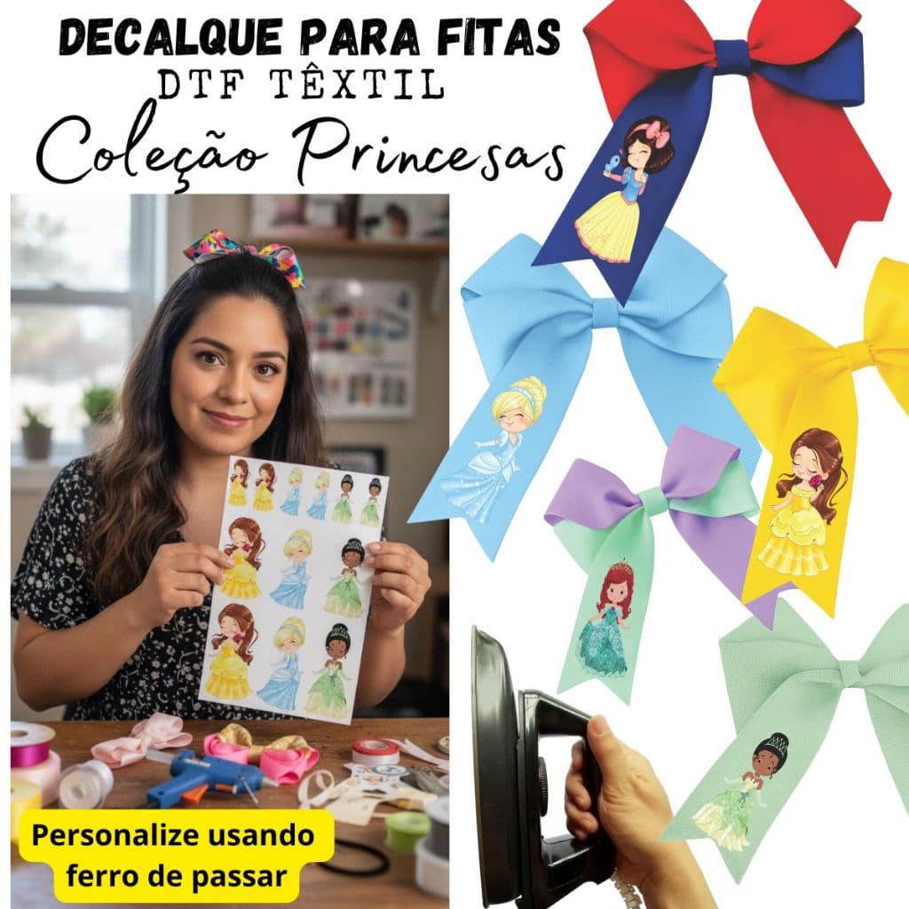 56 Princesas DTF para personalizar Laços - Aplique com ferro de passar laço cinderela bela branca de neve DTF têxtil