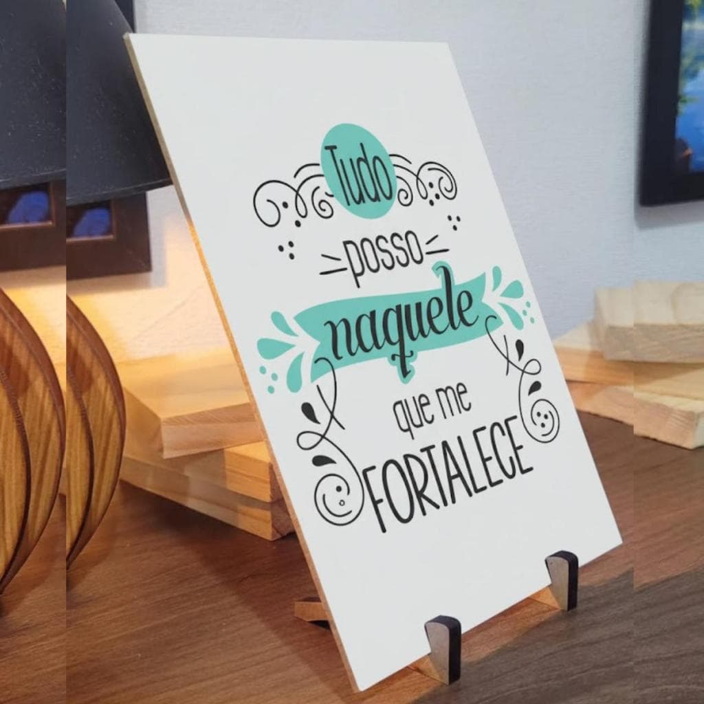 Quadro de Mesa Tudo Posso Naquele que me Fortalece com Suporte Utensílios Sala Quarto