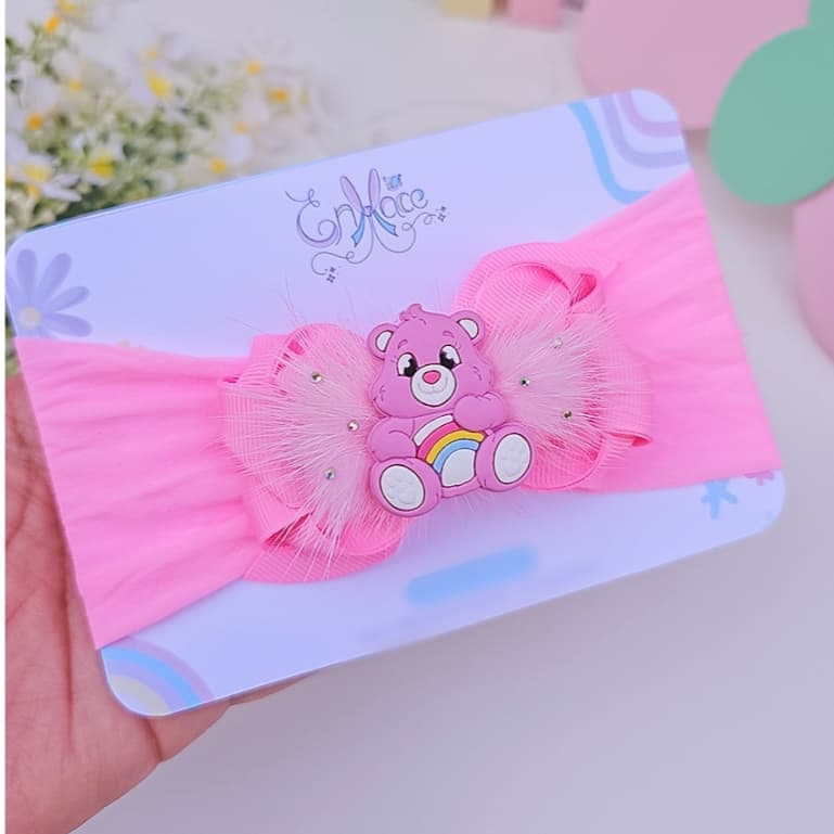Laço Ursinhos Carinhosos Rosa Presilha infantil Faixa Larga Turbante de Bebê, Acessório de Cabelo
