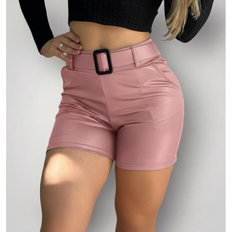 Short Em Couro Fake No tecido Cirre Cintura Alta Curto Com Cinto Ajustável Coleção