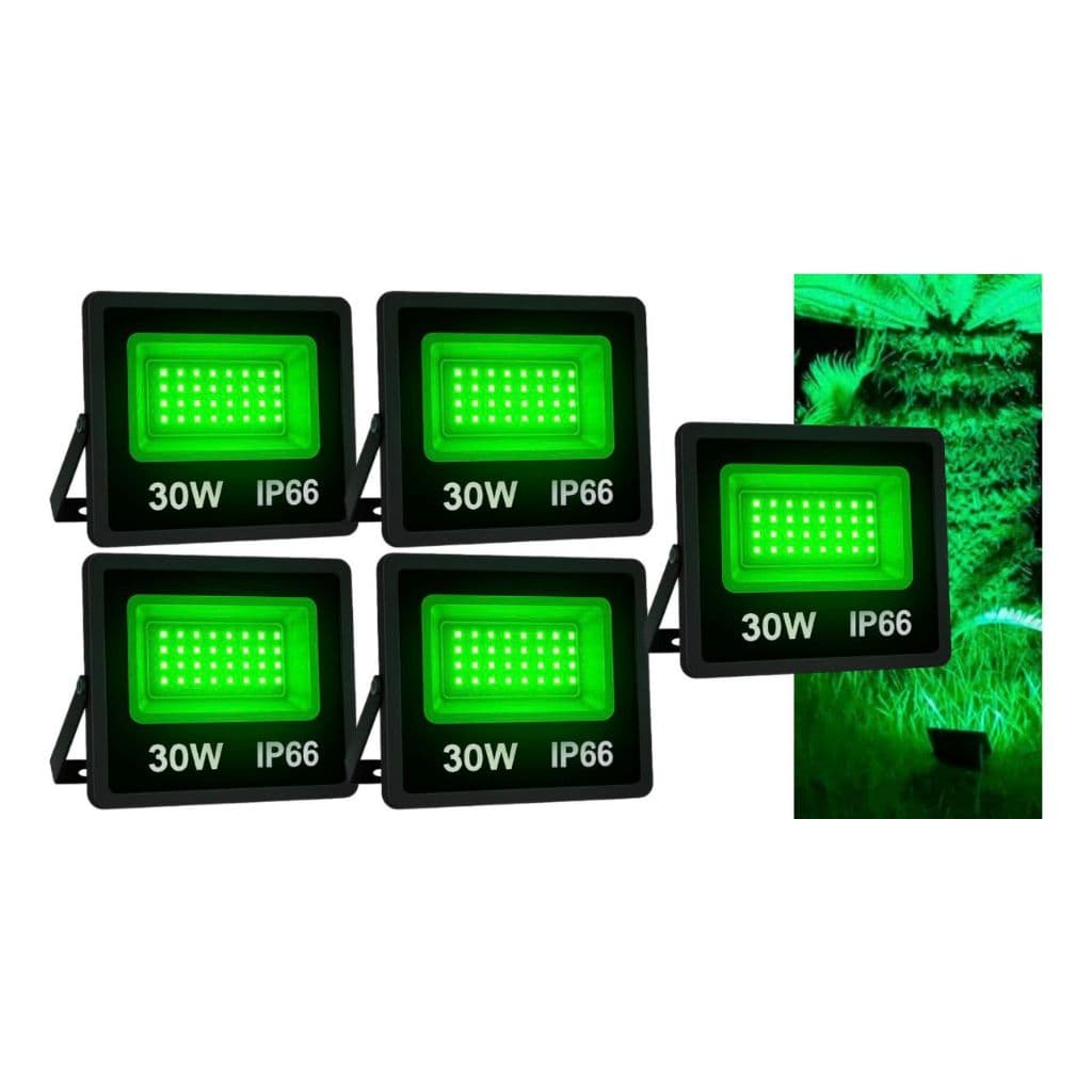 Kit 5 Refletores Led Holofote 30w Verde Bivolt Paisagismo Carcaça Preto 110v/220v