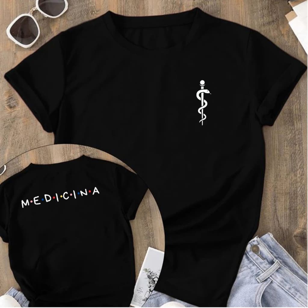 Camiseta Feminina Estampada Frente e Verso Medicina Médicos Faculdade 100% Algodão Fio 30.1
