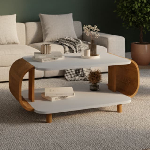 Mesa de Centro com Design Moderno com Nicho Inferior - Pés de Madeira Maciça - FLORIPA MÓVEIS BECHARA - Cor: Naturalle