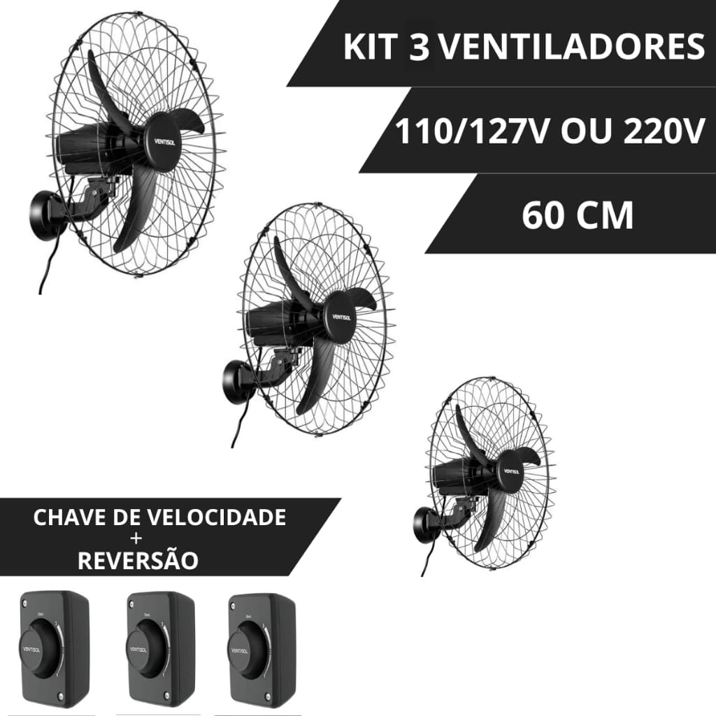 Kit 3 Ventiladores de Parede Ventisol 3 Pás New 145W Potente + Chave Reversível
