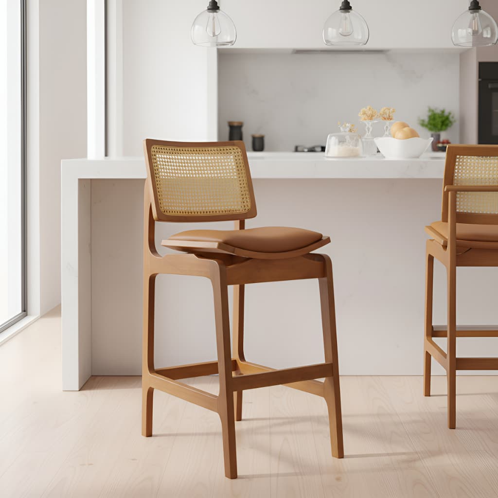 Banqueta Cozinha Área Gourmet Sala De Jantar Balcão Madeira Maciça Couro Ecológico Encosto Tela 68cm