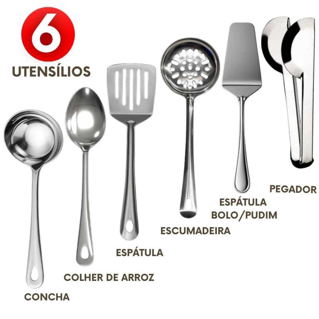 Kit 6 a 2 Utensílios de Cozinha Colher Concha Escumadeira Espátulas Pegador Universal Inox Premium