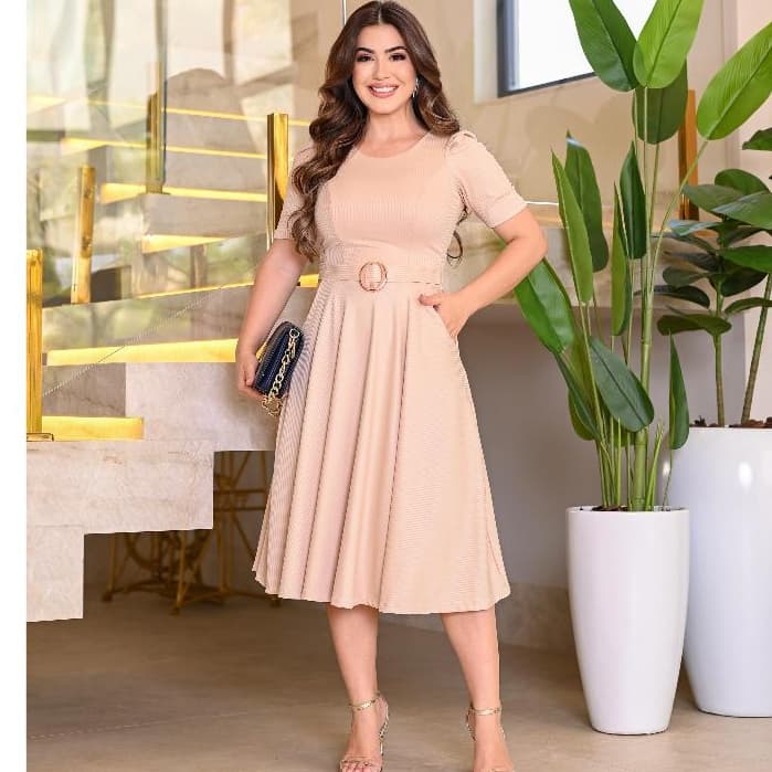 Vestido Rodado Midi Com Bolso e Detalhe na cintura com Argola Moda Evangélica executiva Elegante Festa Culto