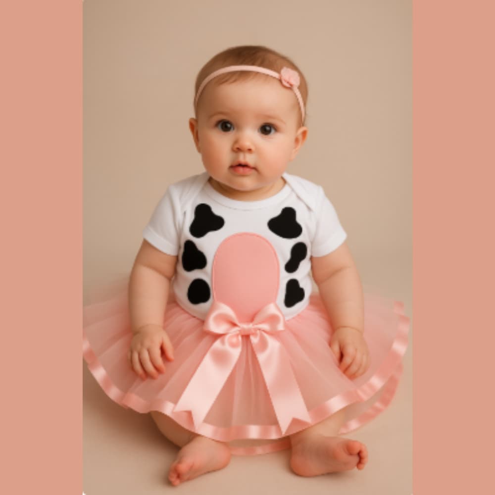 Body bebe mesversario menina Vaquinha com laço  e saia tuli mesersario menina