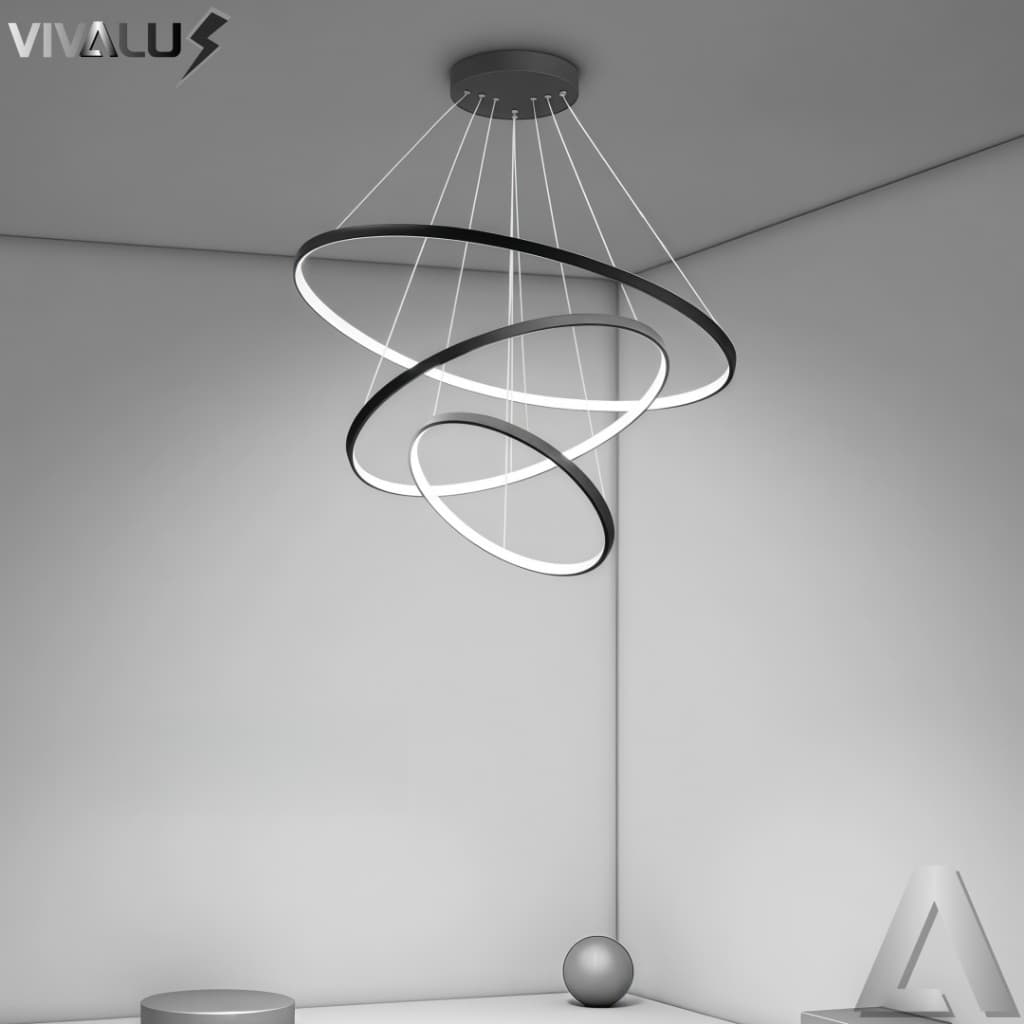 Lustre Led Moderno Pendente Anéis Led 3 Arcos Aros Preto Luminária Minimalista Para Sala Mesa Quarto