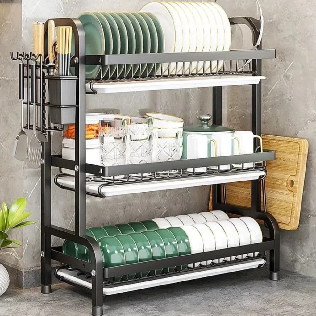 Escorredor de Louças 3 Andares – Metal, Bandeja Removível e Porta-Talheres | 61×23,5×42 cm – Preto