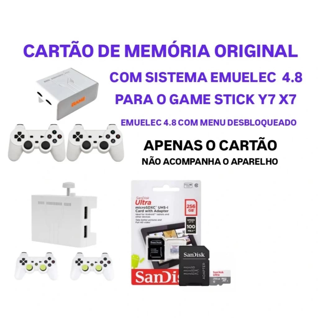 Cartão de Memoria para Game Stick Y7 Desbloquado Sandisk 256GB EMUELEC 4.8 com PSP PS1 e muito Mais Envio Imediato