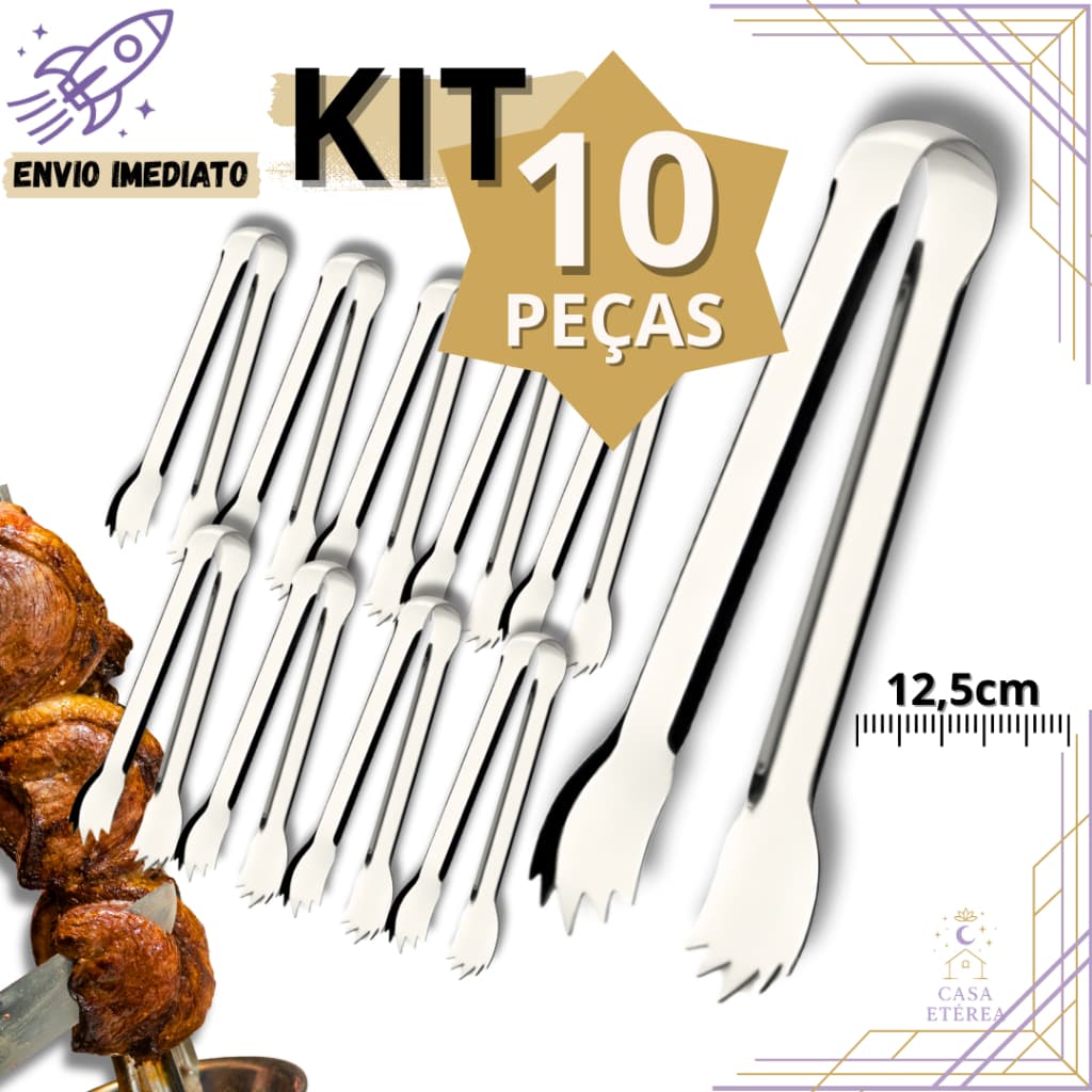 Kit 10 Pegador de Carne Inox 12,5cm Utensílio Reforçado para Churrascaria Restaurante Cozinha  Buffet